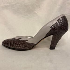 Vintage 80s PANCALDI  Womens 7 Snakeskin Heels Pumps Gray White